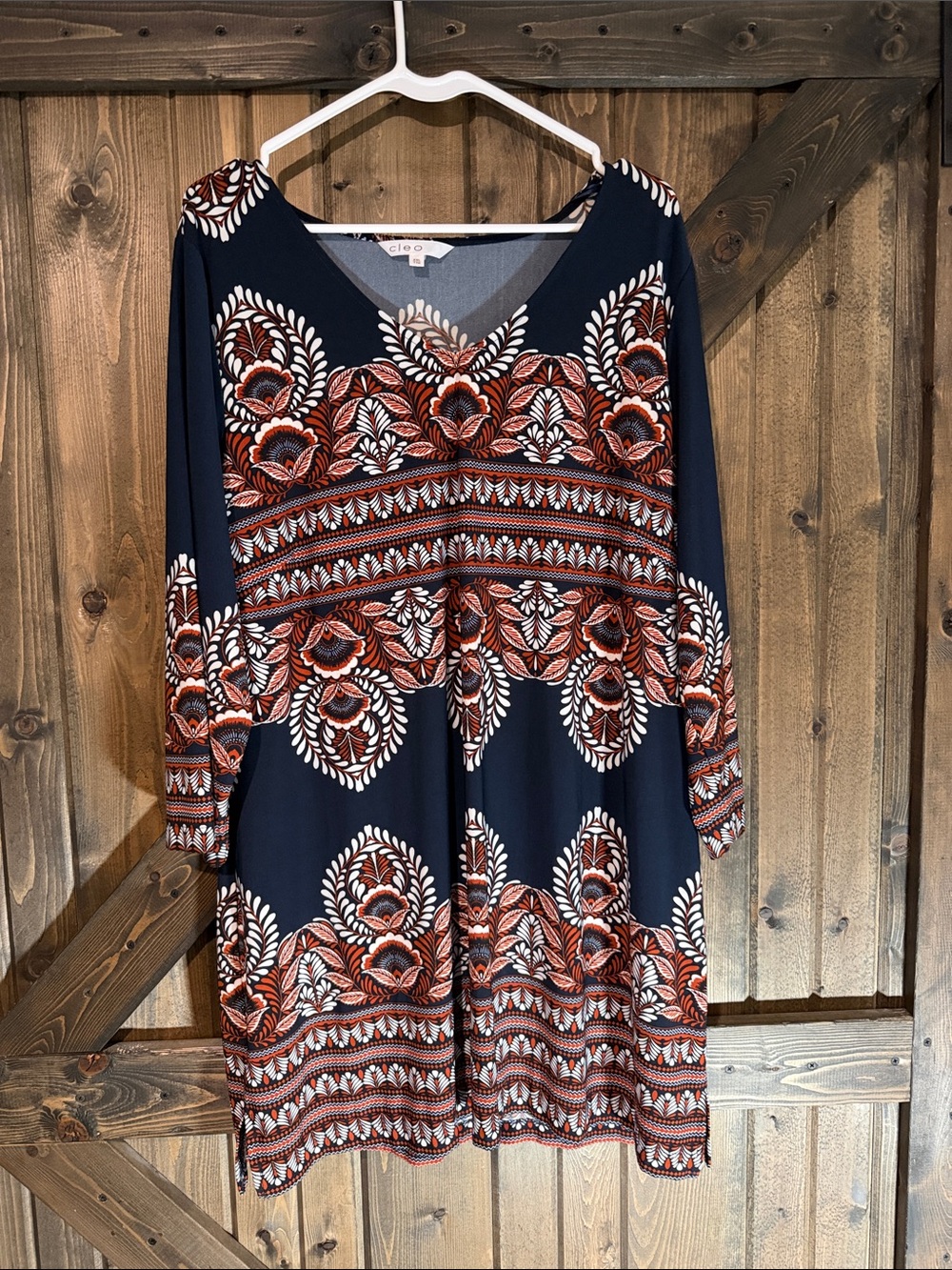 cleo Navy Dress with Rust and White Floral Motif
